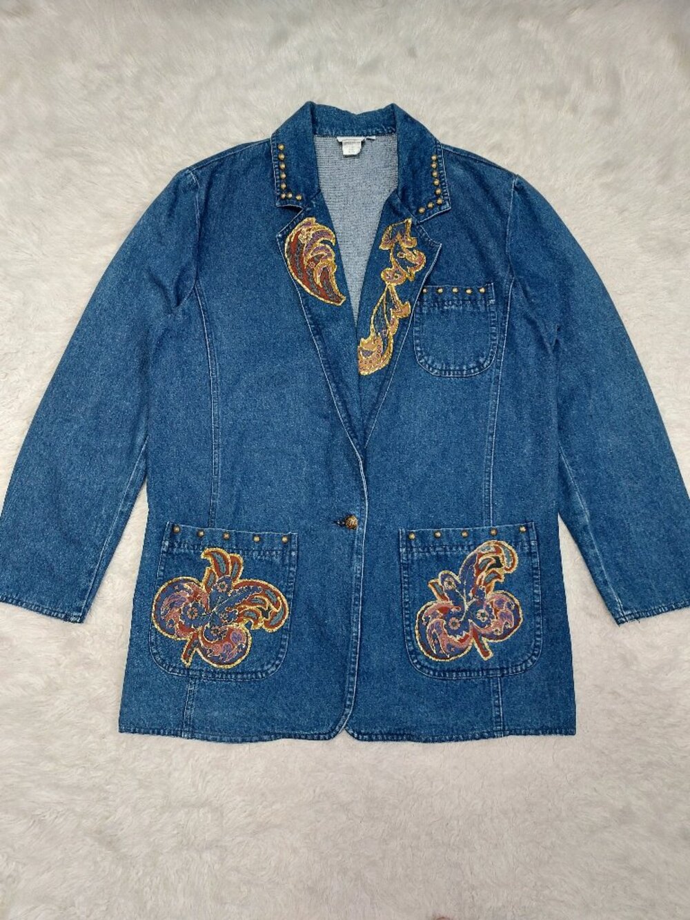 Vintage Bianca Women's Blue Studded Denim Jacket with Embroidered Paisley 10 - Picture 2 of 8